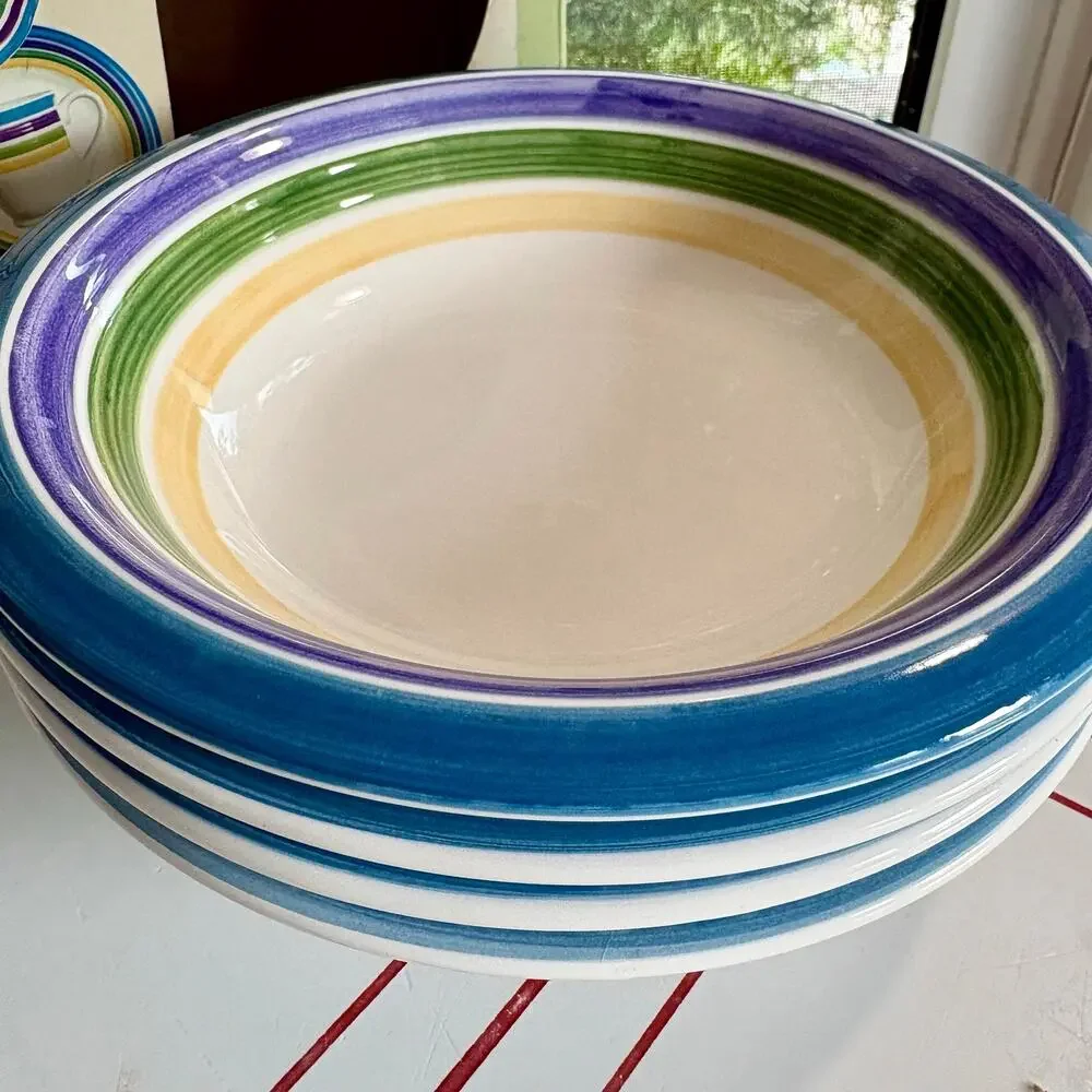 Vintage Gibson Candy Stripe Blue Purple and Green and Yellow Bowls Set of 4 8.25